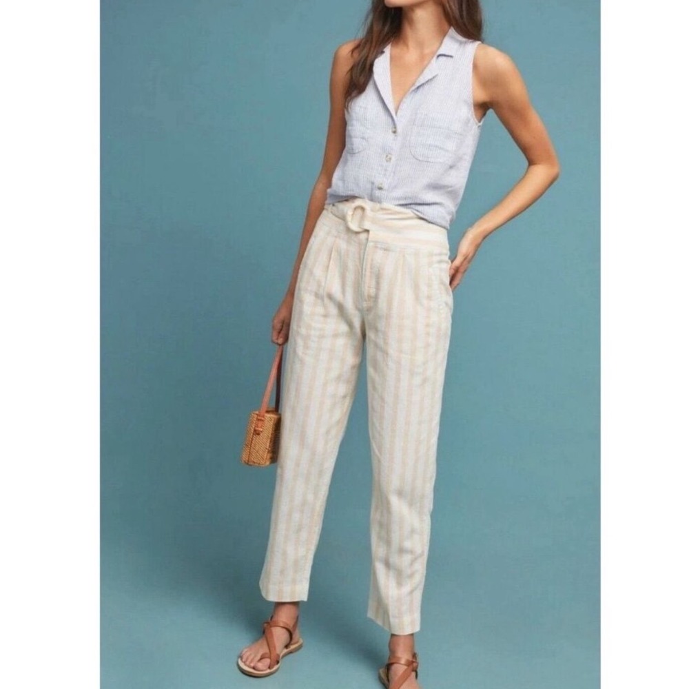 Anthropologie Oasis Striped Pants High Waist Cotton Linen Trousers 14